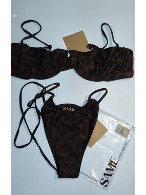 SAME Los Angeles Bikini Set L Leopard Underwire Top Brown High Waist Bottom